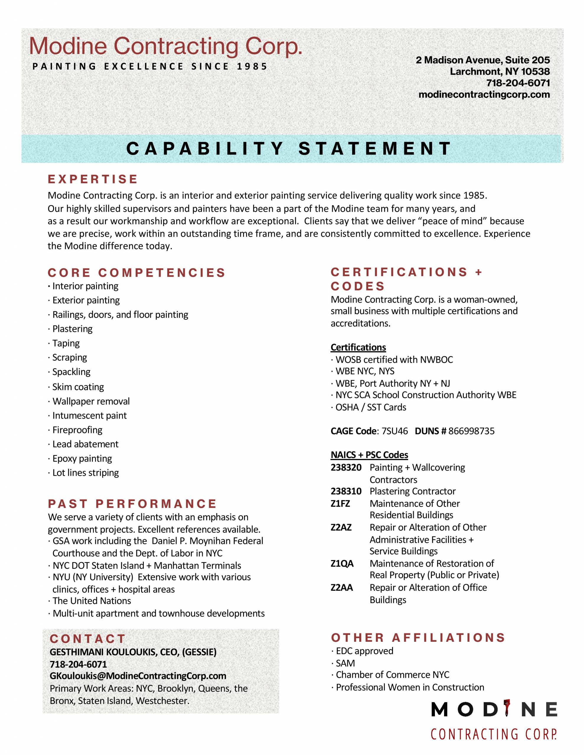 Capability Statement Modine Contracting Corp